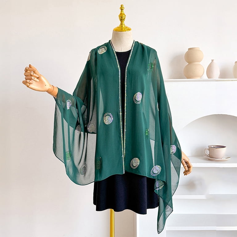 Lumtrix Women's Chiffon Shawl with Sparkly Pattern Lightweight Sheer Wrap for Wedding & Evening Dress Dark Green One Size