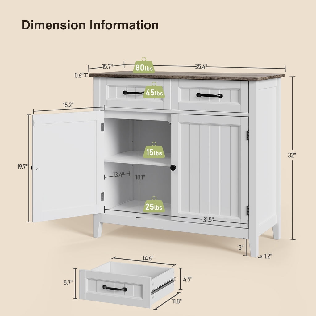 Coffee Bar Cabinet, Aiho 35" Farmhouse Kitchen Pantry Storage Cabinet, 2 Drawers, Adjustable Shelf - White+Gray