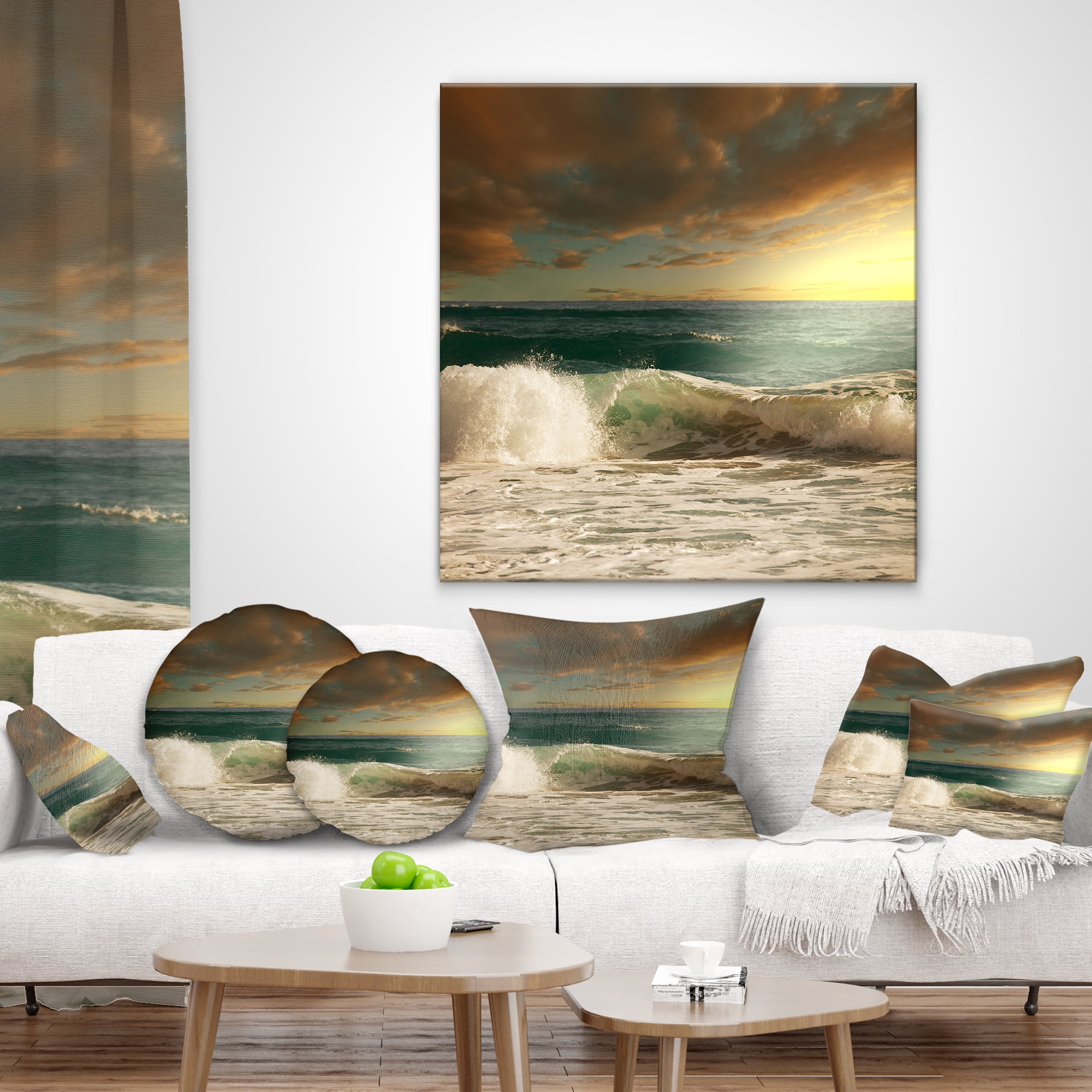 Designart Rushing Waves under Heavy Clouds - Beach Photo Throw Pillow - 12x20