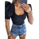 thumbnail image 1 of VISgogo Tops de punto para mujer, manga corta abullonada, cuello profundo, color sólido, fiesta en la calle, camisa envuelta de verano VISgogo moda, 1 of 9