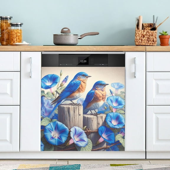 Dishwasher Magnet Cover Magnetic Fridge Door Cover Home Kitchen Decor Bluebirds on Wooden Fence and Flower 23"x 26"