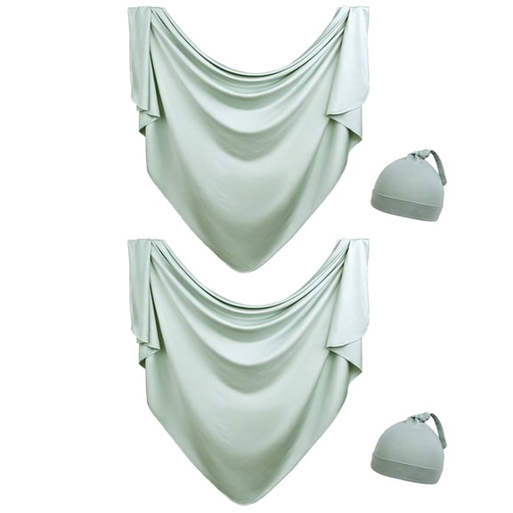 2 Pack Sage Green Modal Baby Swaddle Set with Knotted Hats, Soft Breathable Stretchy Newborn Receiving Blankets for 0-6 Months, Unisex Baby Shower Gift