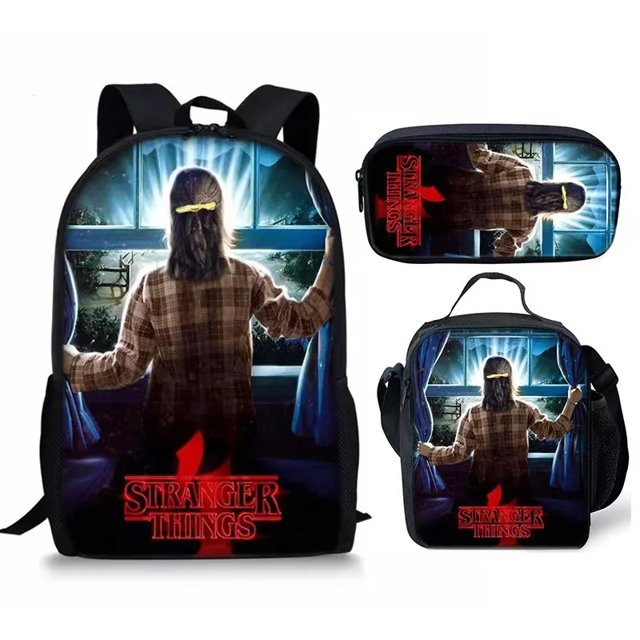 Stranger Things Mochila con estampado 3D, bolsa de almuerzo, estuche para lápices, conjunto de tres piezas, bolso de doble hombro para uso escolar y en viajes
