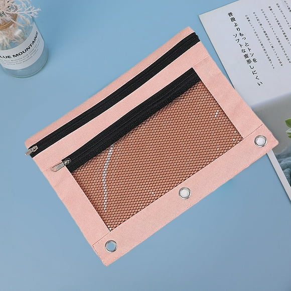 Carpeta de tela con ojales B5 y estuche para lápices de 3 anillas | Estuche para bolígrafos con doble cremallera | Ventana transparente | Dos compartimentos | Organizador de oficina para útiles