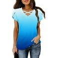thumbnail image 5 of Charella Tops for Women Trendy Cross V Neck Petal Short Sleeve Shirts Gradient Color Basic Tee Casual Loose Clothes (3XL, Blue 2), 5 of 6