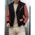 thumbnail image 4 of FOCUSNORM Men's Zip Up Patchwork Jacket Woolen Leather Long Sleeve Contrast Color Lapel Neck Casual Coat, 4 of 8