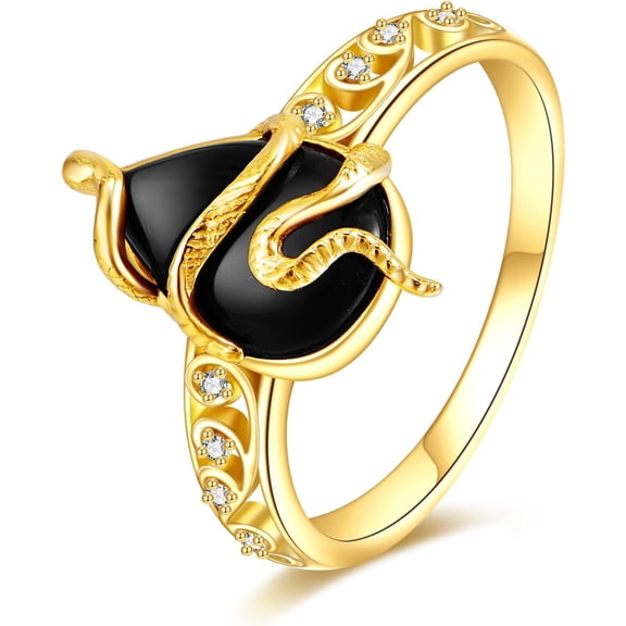 YAFEINI 14k Real Gold Black Onyx Ring Solid Yellow Gold Ring Jewelry Gifts for Women