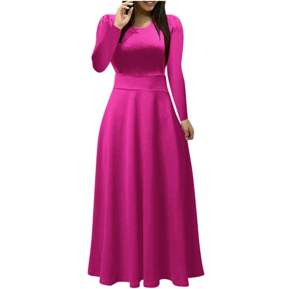 Women's Maxi A Line Splicing Dress Solid Color Round Neck Spring Elegant Casual Daily Trendy Clearance Long Sleeve Hot Pink XXL
