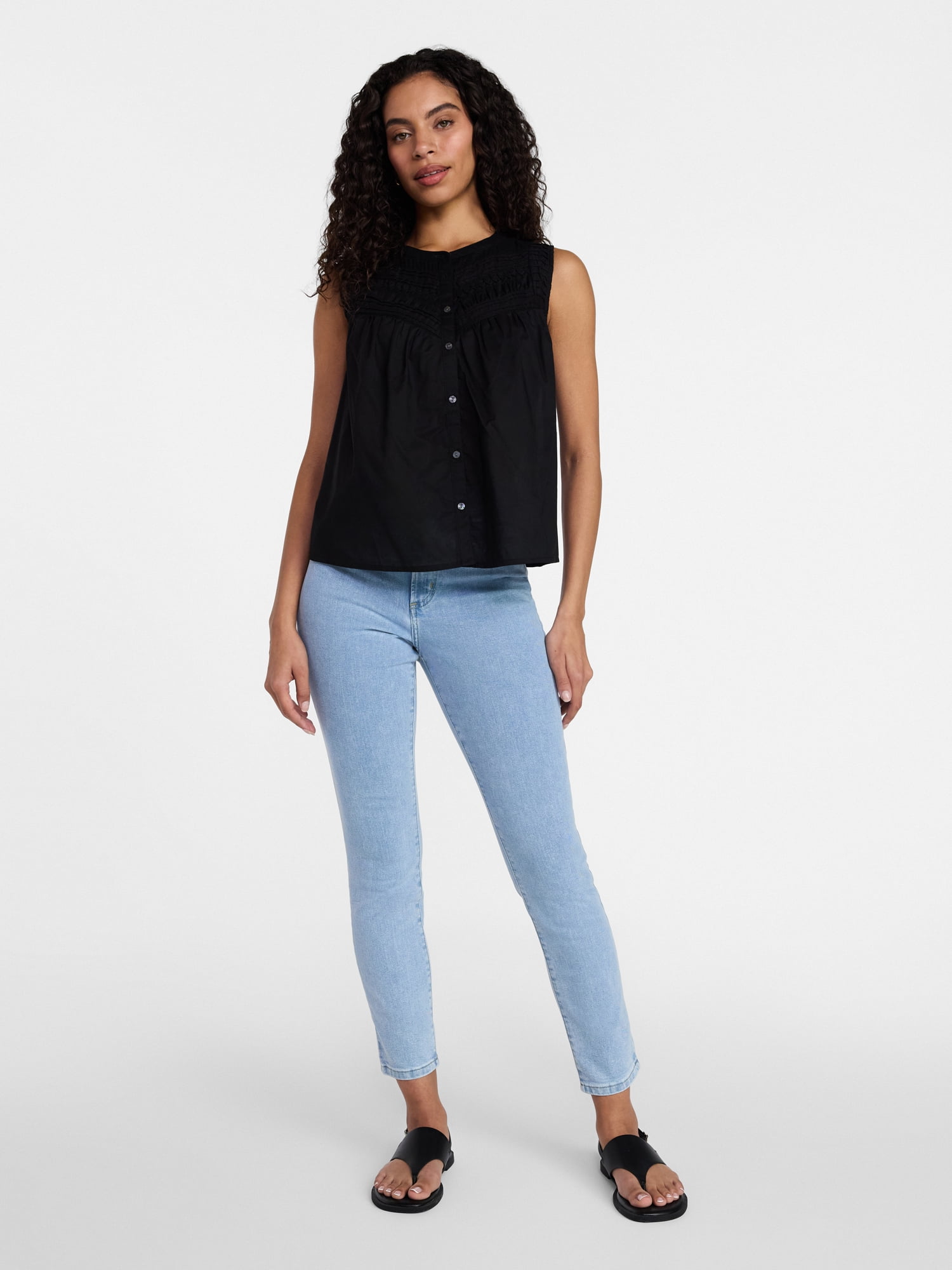 Time and Tru Women's Cotton Sleeveless Pleated Top, Sizes XS-XXXL