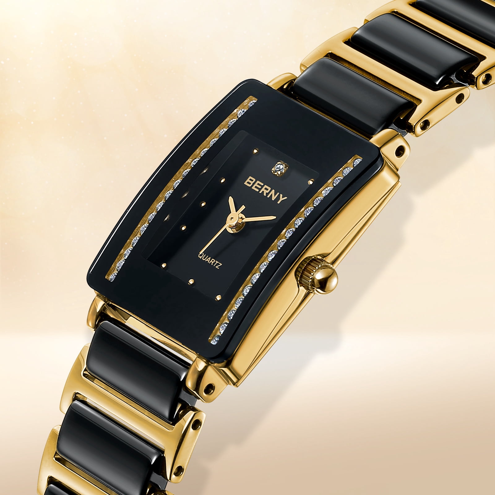 BERNY Watches for Women, Dainty Luxury Diamond Rectangular Case, Two Tone Stainless Steel Ceramic Bracelet Watch, Analog Quartz Waterproof, Fashion Ladies Small Dress Watch Gifts