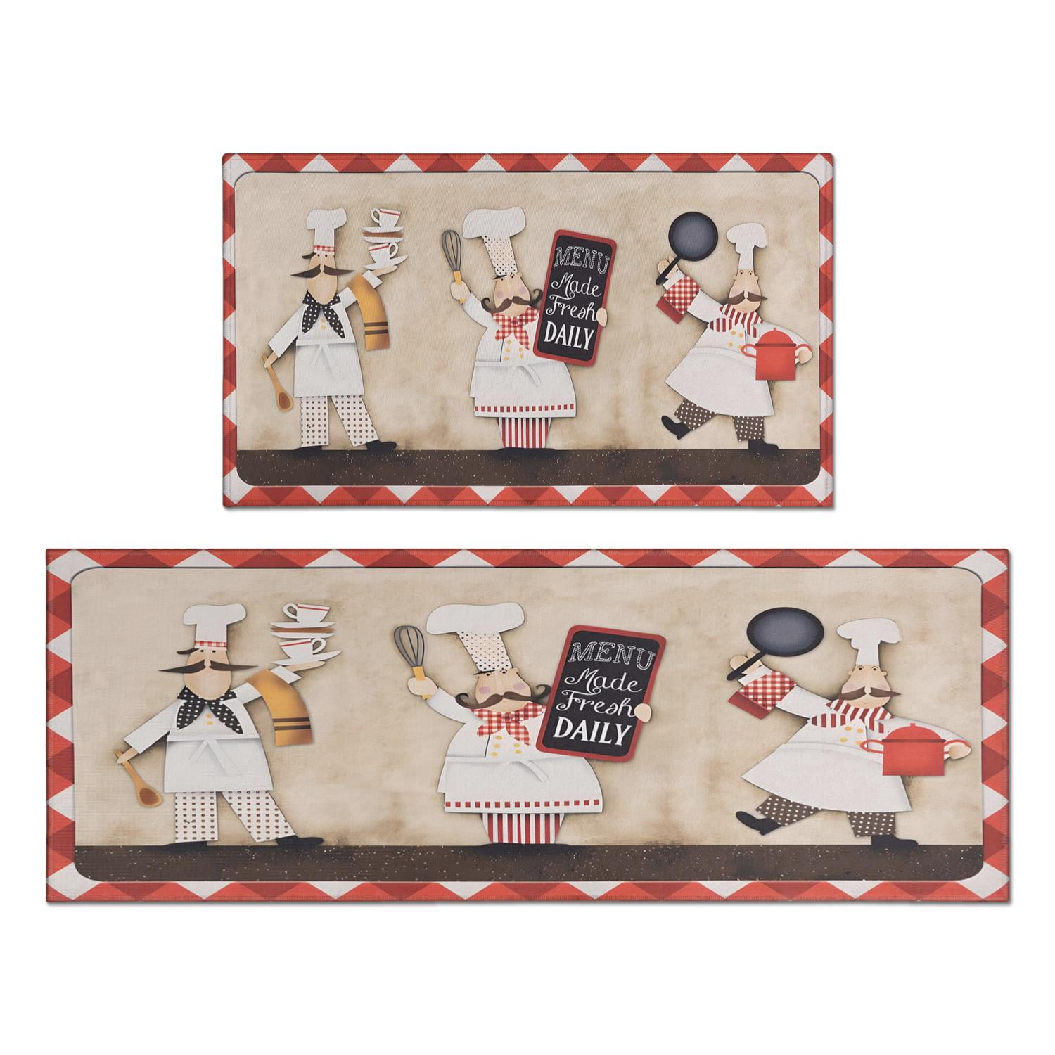 Coffee Vintage Chef Kitchen Pattern Kitchen Rug Set Of 2,Kitchen Rugs Mats with Dirty Resistance,washable,Non-Slip,kitchen Mats 17.7x24+17.7x48inch