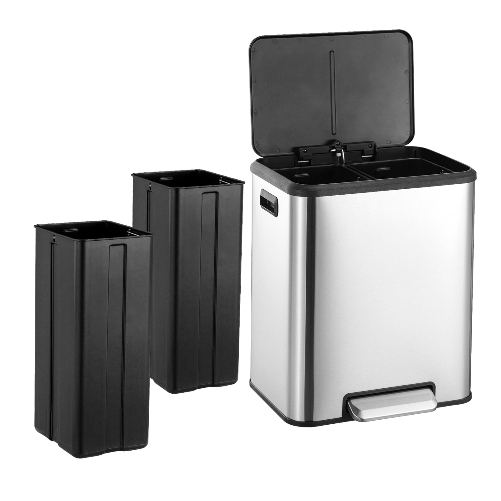 Dual Trash Can for Recycling and Trash, 2 x 15 L (30 L) Stainless Steel Kitchen Trash Can with Lid and Foot Pedal, Double Compartment Garbage Can, Trash Can with Recycling Bin