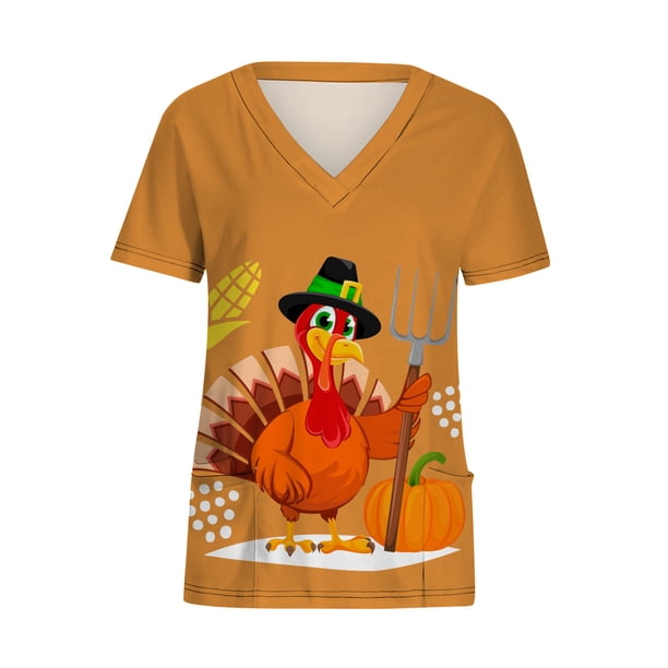 ICHUANYI Clearance Women's Short Sleeve V-Neck Thanksgiving Turkey Workwear Tops With Pockets Blouse(Orange, XL) ICHUANYI WER2023081402770