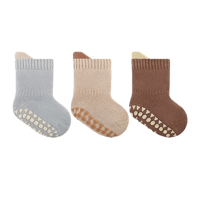 Laklulu 3 pares de calcetines cálidos antideslizantes para bebés, calcetines gruesos de invierno para bebés y niños con agarres para niñas, calcetines antideslizantes