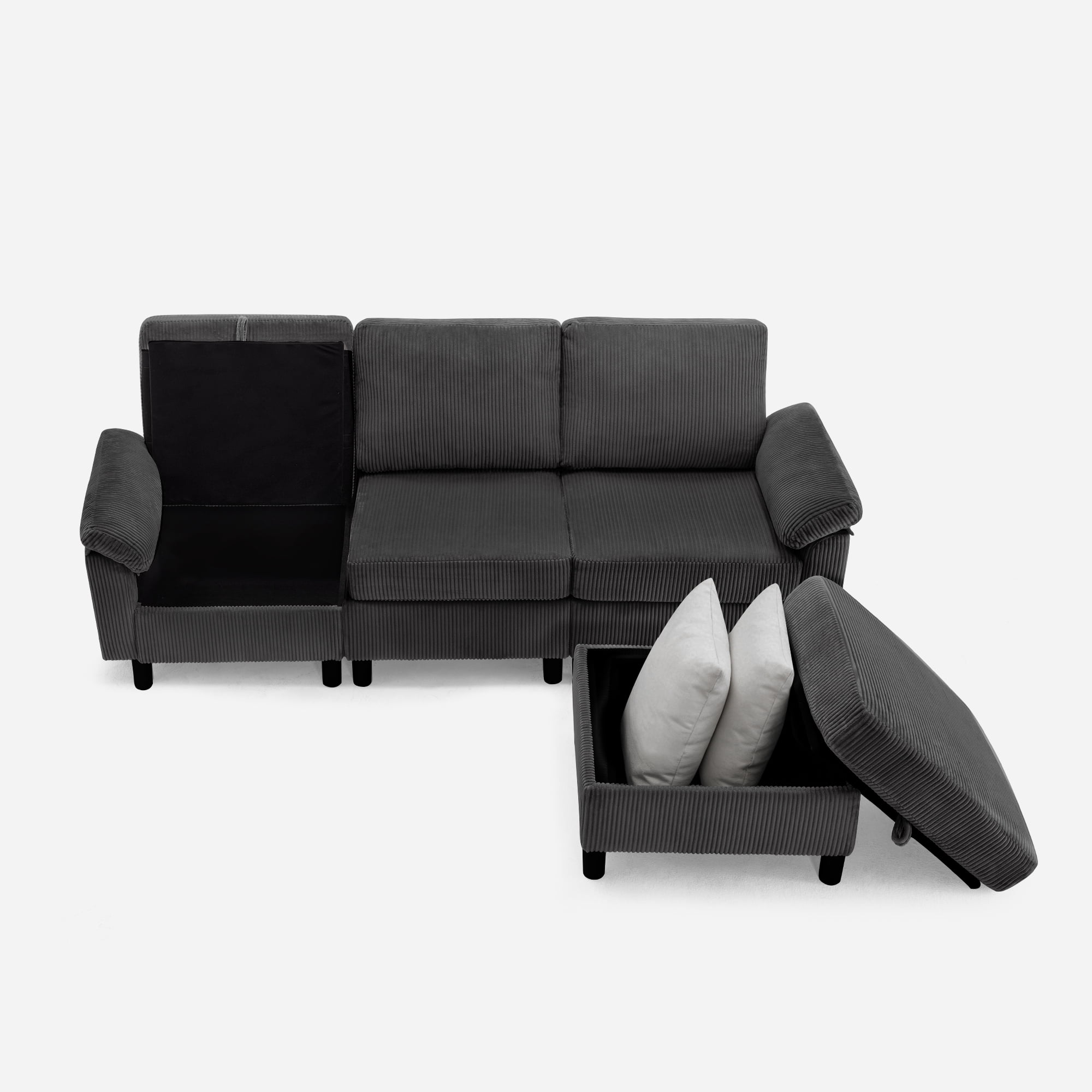 SAETSFEG Sectional Sofa, L-Shape 3-Seat Couch with Movable Ottoman, Modern Storage Modular Sofa for Living Room,Black