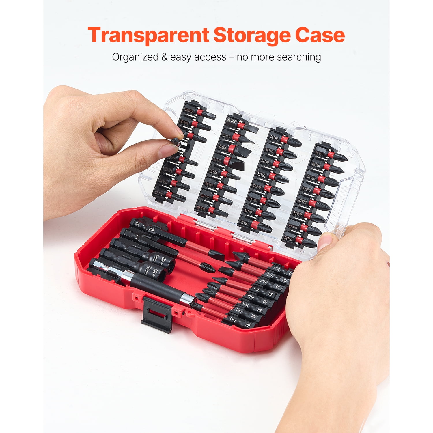 KFFKFF 45-Piece Screwdriver Bit Set with Magnetic Tips, Includes Phillips, Slotted, Square, Torx Bits, Hex Nut Sockets, Extension Rod, Transparent Storage Case, Durable S2 Alloy Steel