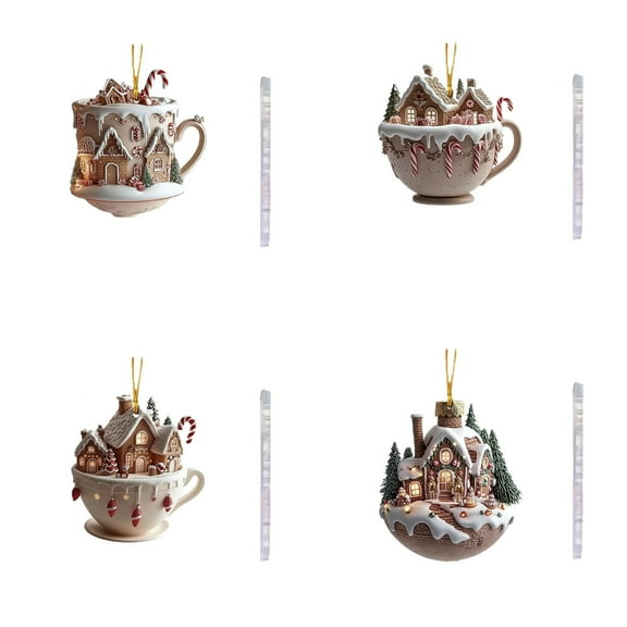 Nmdmisc 4Pcs Coffee Cup Ornaments for Christmas Tree | Christmas Snow Houses Hot Chocolate Mug Ornaments 2D Acrylic | Christmas Tree Decoration Charm Hot Cocoa Theme Pendant for Indoor Outdoor