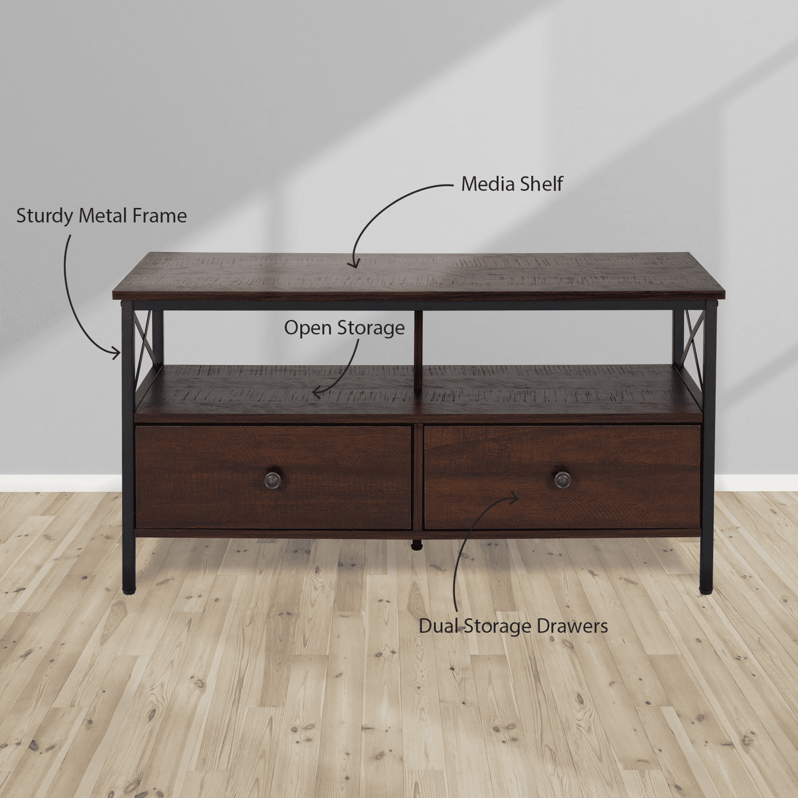 DecorTech Industrial Metal and Wood TV Stand for TVs up to 50", Walnut