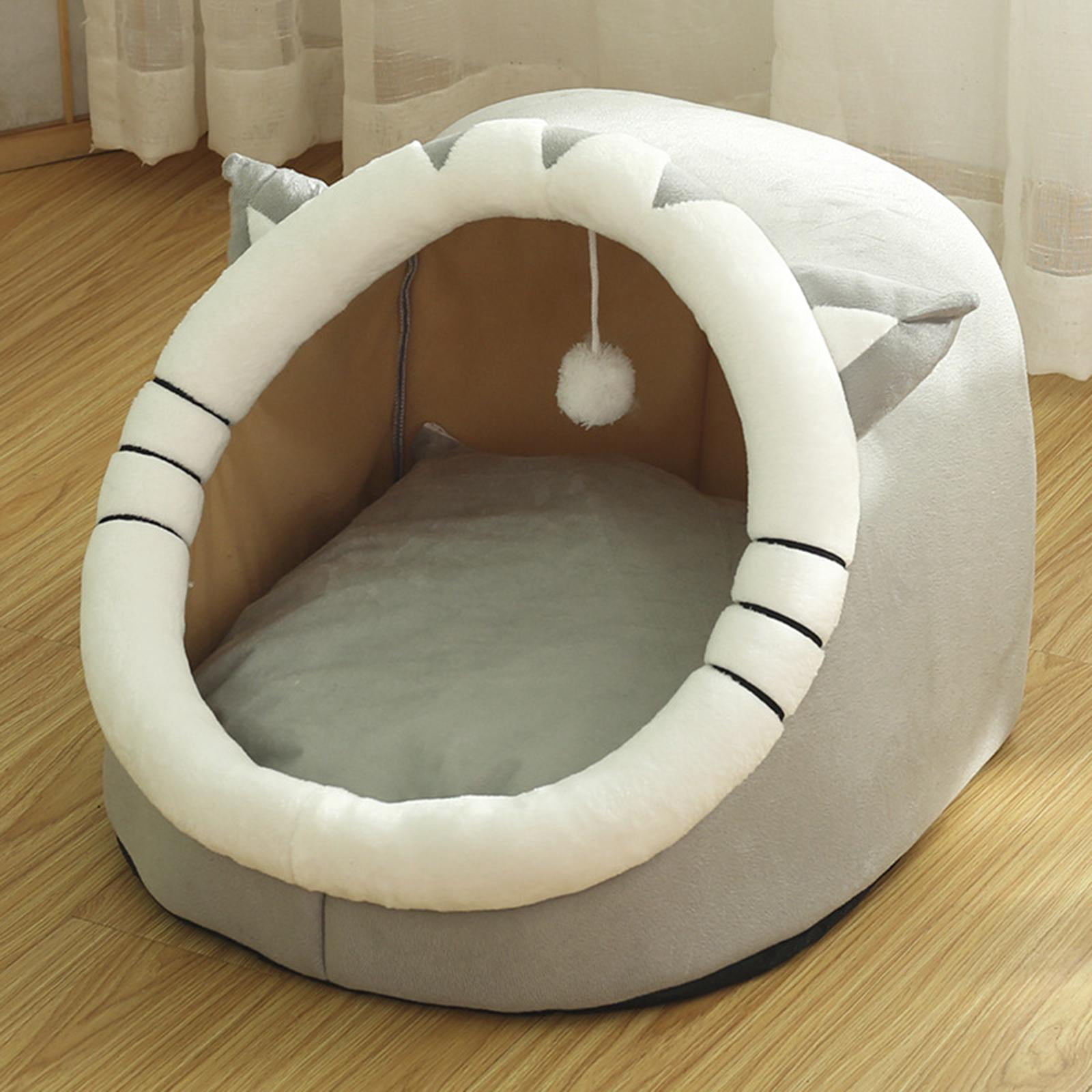 Cute Cave Bed with Ball Slip Bottom Furniture Warm Dog Basket Soft Hideout Portable Pet House Nest for Puppy Indoor Cats Rabbit Kitten , 35x35x31cm Gray
