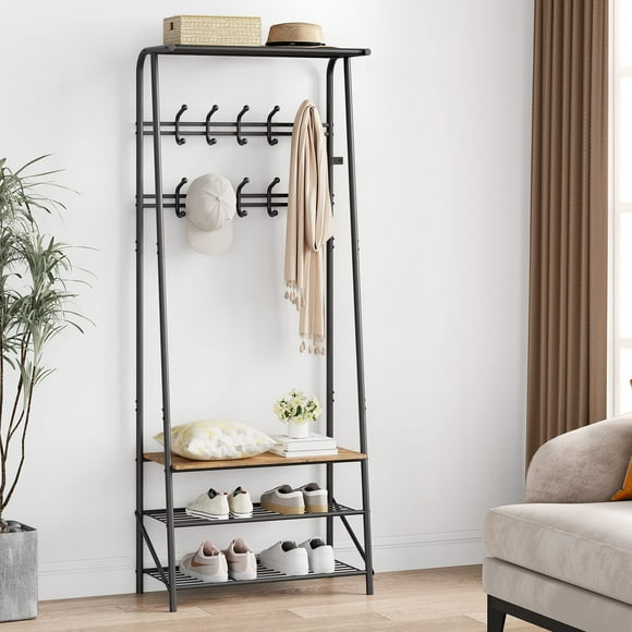 Coat Rack Shoe Bench, 4-in-1 Hall Trees Entryway Bench with Coat Rack and Shoe Rack, Wood Look Accent Furniture with Steel Frame Storage Shelf and Hanging Bar, Industrial, Rustic Brown & Black