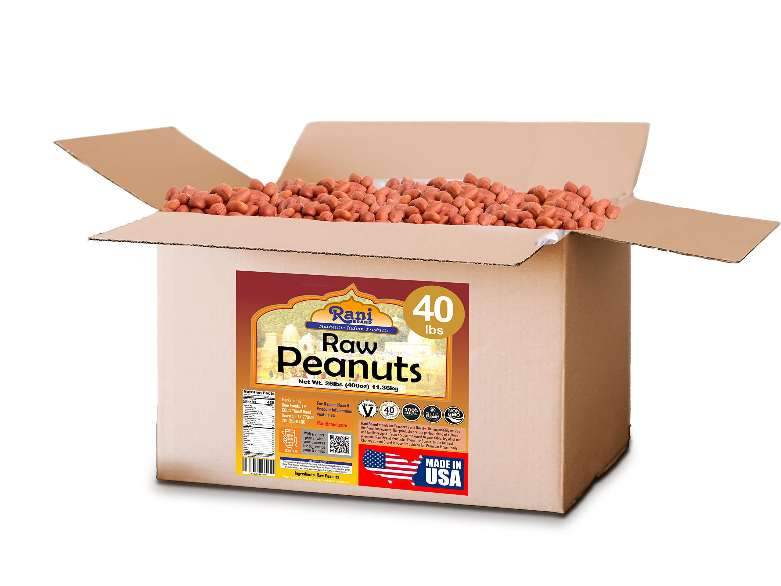 Rani Peanuts, Raw Whole With Skin (uncooked, unsalted) 40lbs (640oz) 18.14kg Bulk Box ~ All Natural | Vegan | Gluten Friendly  ~ Spanish Grade Groundnut / Red-skin