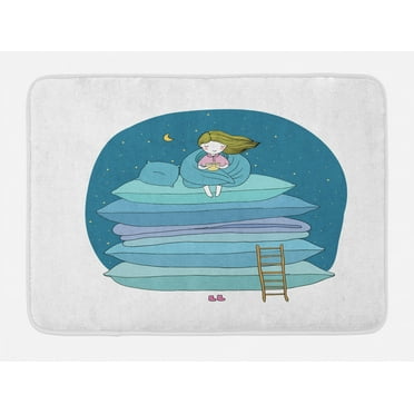 Kids Bath Mat, Little Girl Sitting on the Top of a Pile of Pillows Drinking Milk Night Bedtime, Non-Slip Plush Mat Bathroom Kitchen Laundry Room Decor, 29.5 X 17.5 Inches, Blue Pink Yellow, Ambesonne