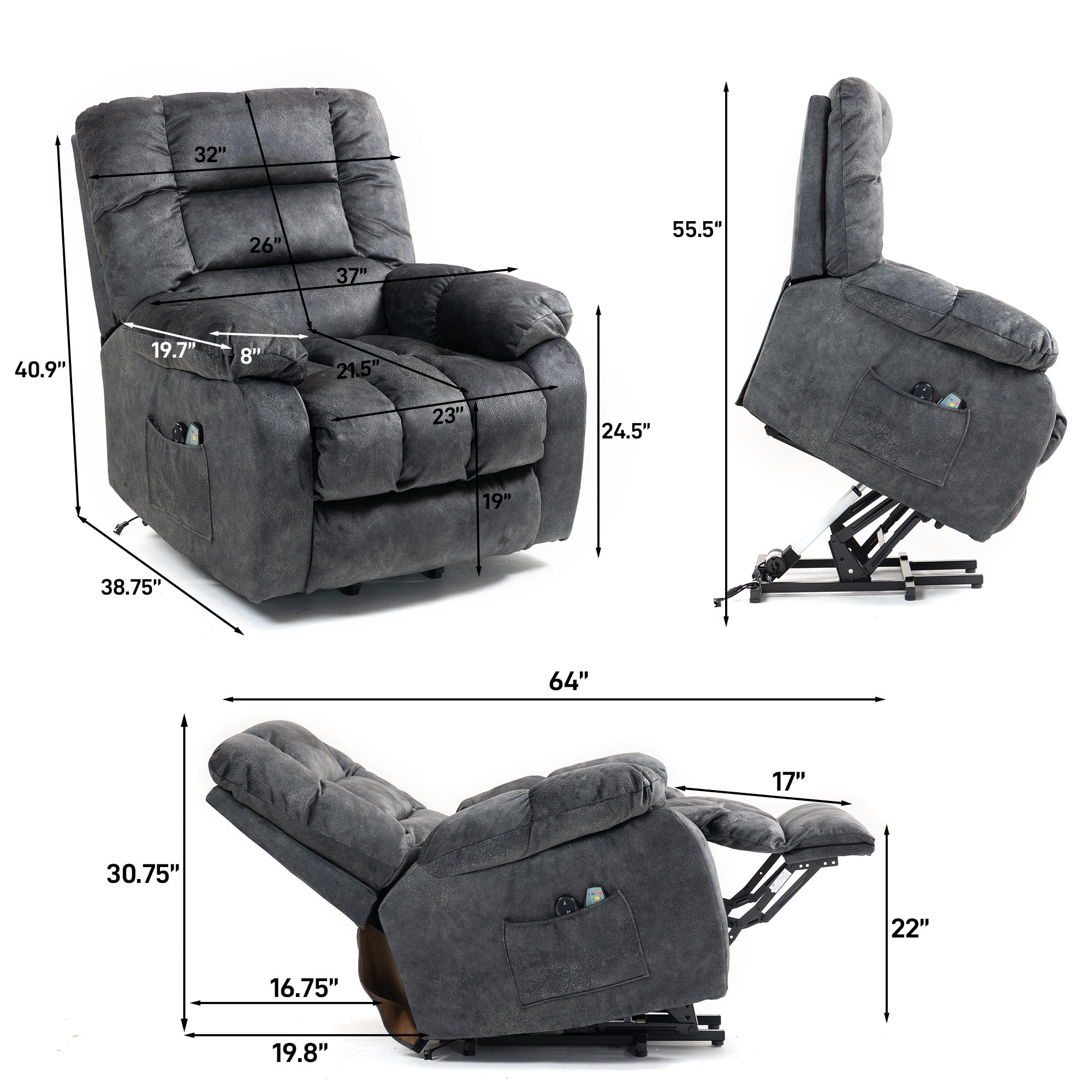 Power Lift Recliner Chair with Heat and Vibration Massage, UHOMEPRO Modern Fabric Elderly Electric Reclining Sofa with Remote Control and Side Pockets for Living Room Home Theater, Gray