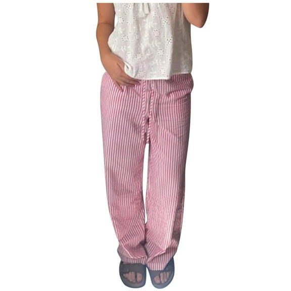 Huowey Women's Pants Striped Pants for Elastic Drawstring High Waist Wide Leg Pants Vintage Streetwear Trousers