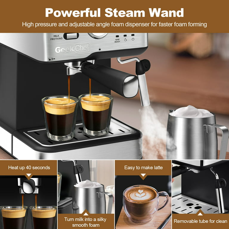 Geek Chef Espresso Machine, Espresso & Cappuccino Latte Maker 20 Bar Coffee  Machine Compatible with ESE POD Capsules Filter&Milk Frother Steam Wand,  950W, 1.5L Water Tank, Black&Silver 