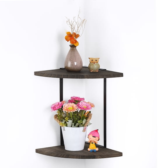 SoildPal 2-Tier Corner Shelf Floating Wall Mount, Small Round Corner Shelves Set for Living Room Bedroom Bathroom, Rustic Wall Storage Shelves