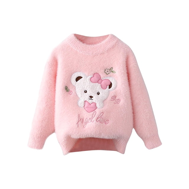 Chandail pour Bébé Fille Col Rond Manches Longues Imprimé Cœur Tricot Automne Hiver Chandail en Molleton Rose
