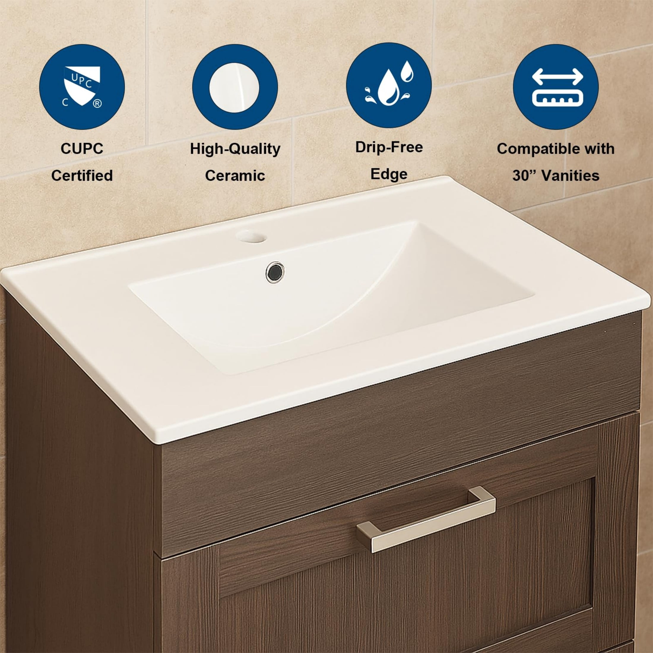 30'' Vanity Sink Top,Bathroom Undermount Ceramic Sink Top W/One Hole, Rectangular Porcelain Sink Basin,Overflow Drain,White