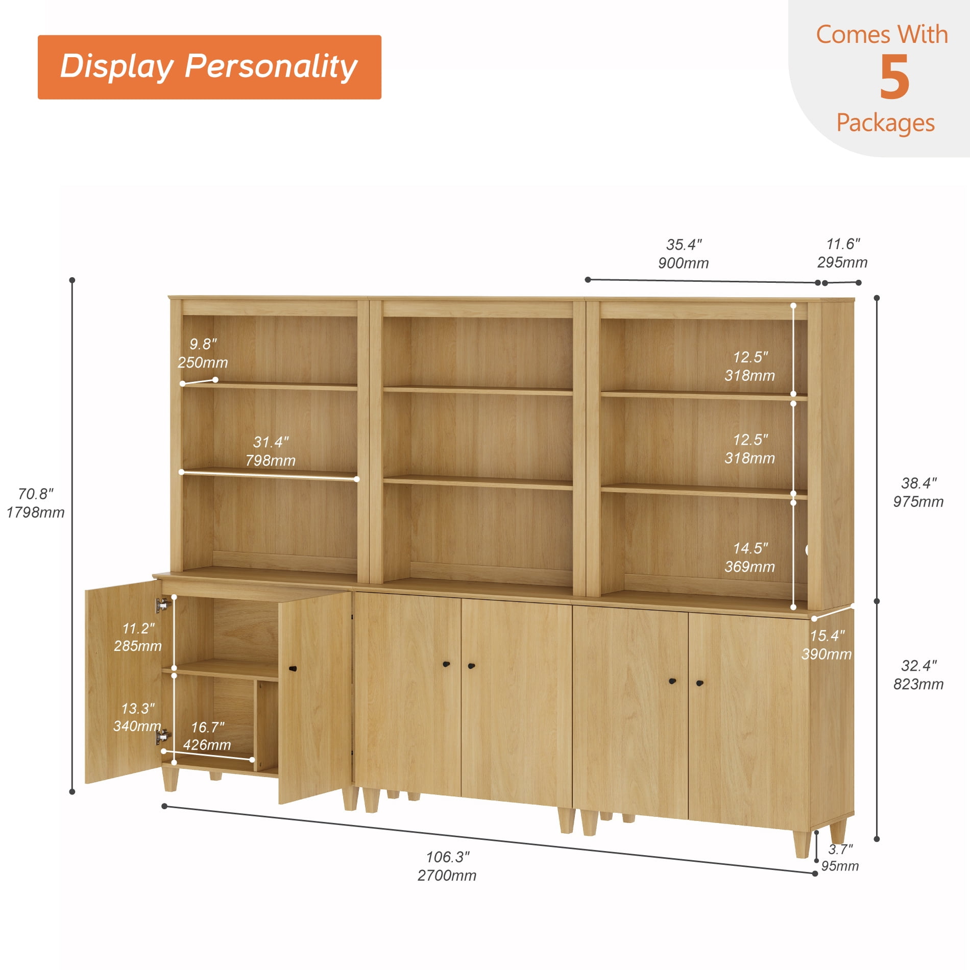 WAMPAT Modern 71" Tall Pantry Cabinet with Doors and Adjustable Shelves for Dining Room, 3-Column 5-Tier, Oak Wood