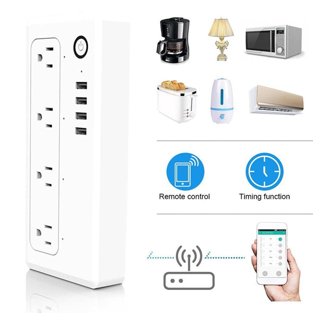 Smart Power Strip WiFi Plug Multiple Outlet Surge Protector 4 AC Outlets 4 USB Port,15A, Remote Control Timing Schedule Compatible with Alexa Echo, Google Home, IFTTT White