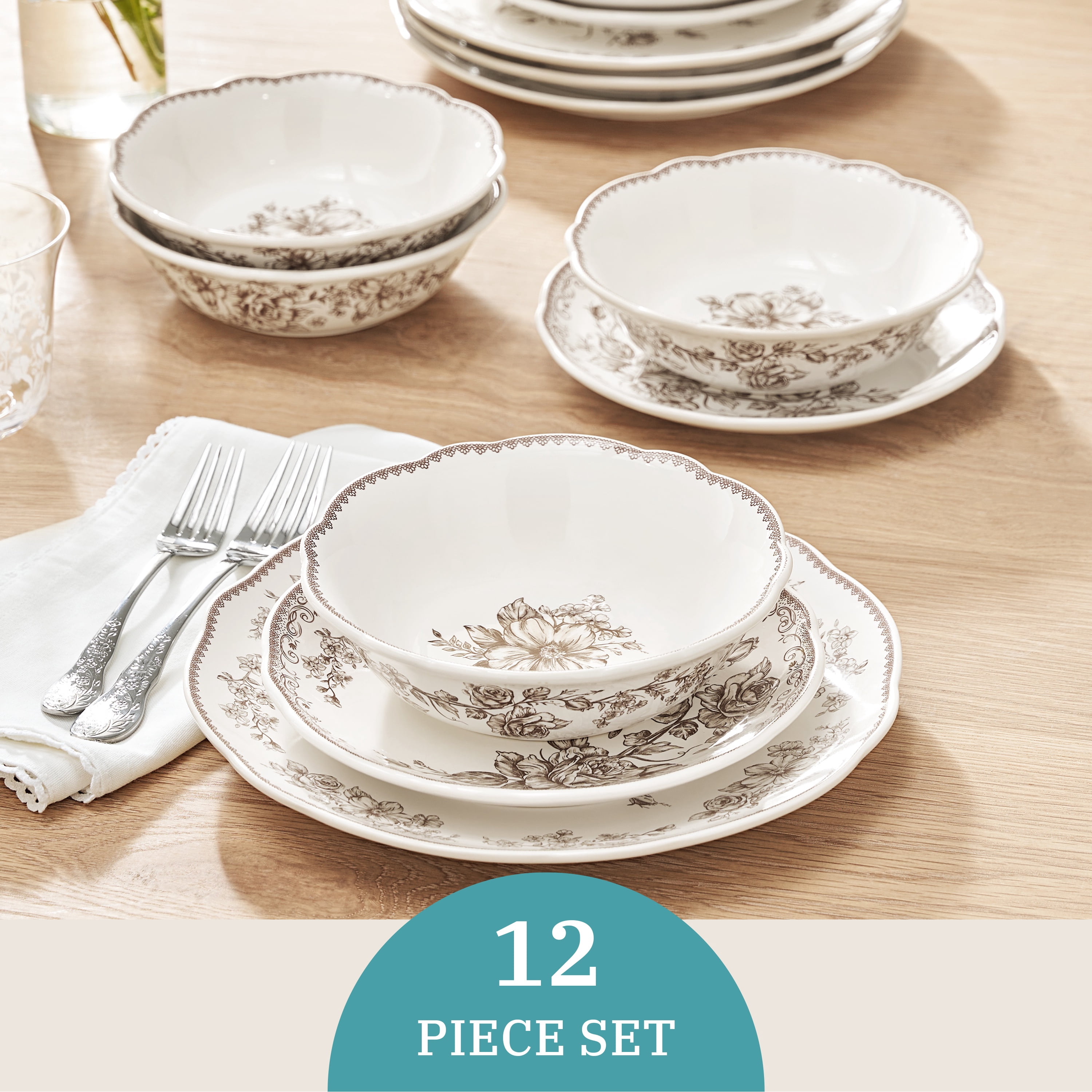 The Pioneer Woman Agatha 12-Piece Stoneware Dinnerware Set, Brown