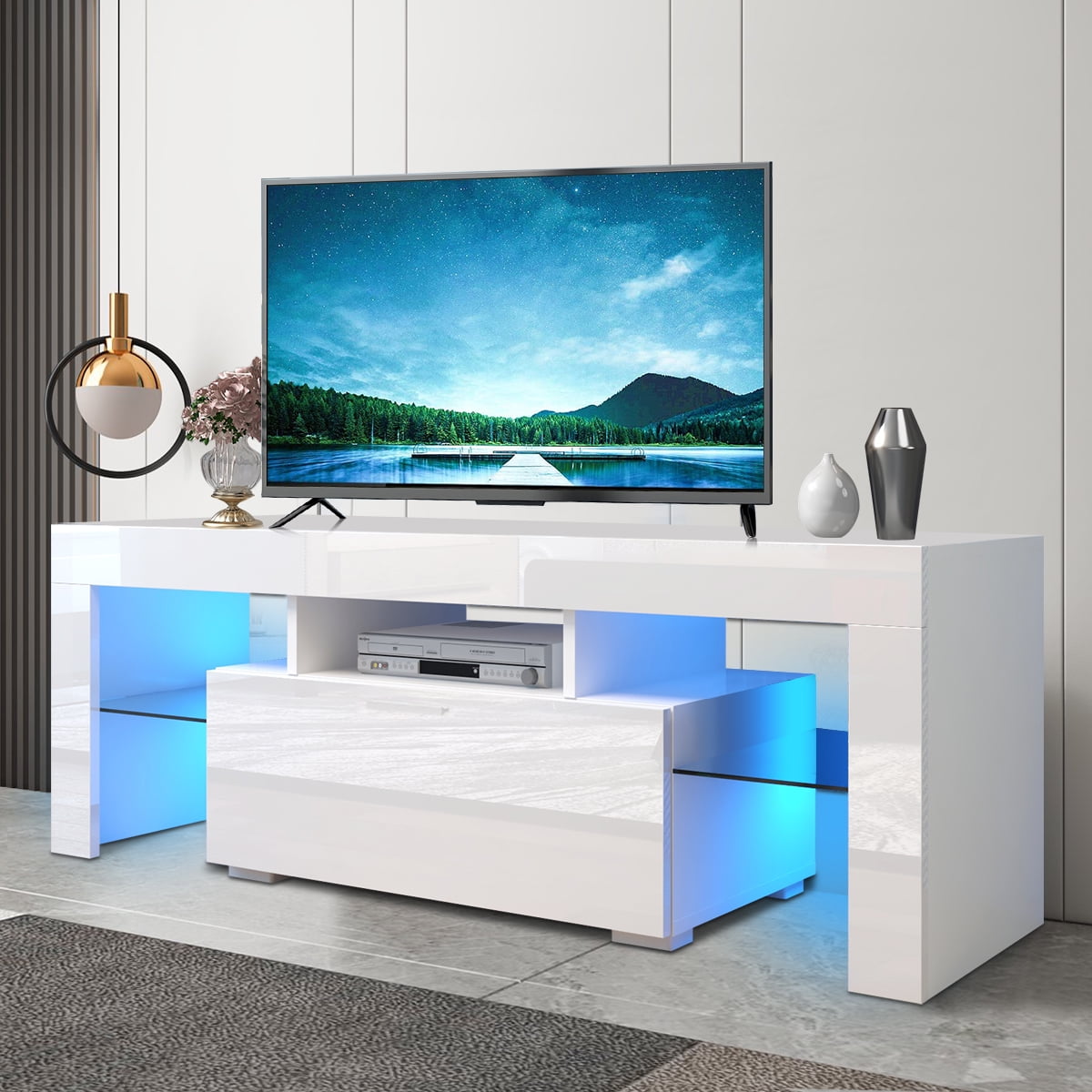 51" TV Stand High Gloss White Cabinet Console Furniture w/LED Shelves Drawers 