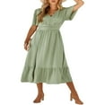 thumbnail image 2 of Femmes Été Robe Longue Couleur Unie Suisse Point V-Cou Volants Manches Courtes Robe Décontractée Robe Swing, 2 of 9