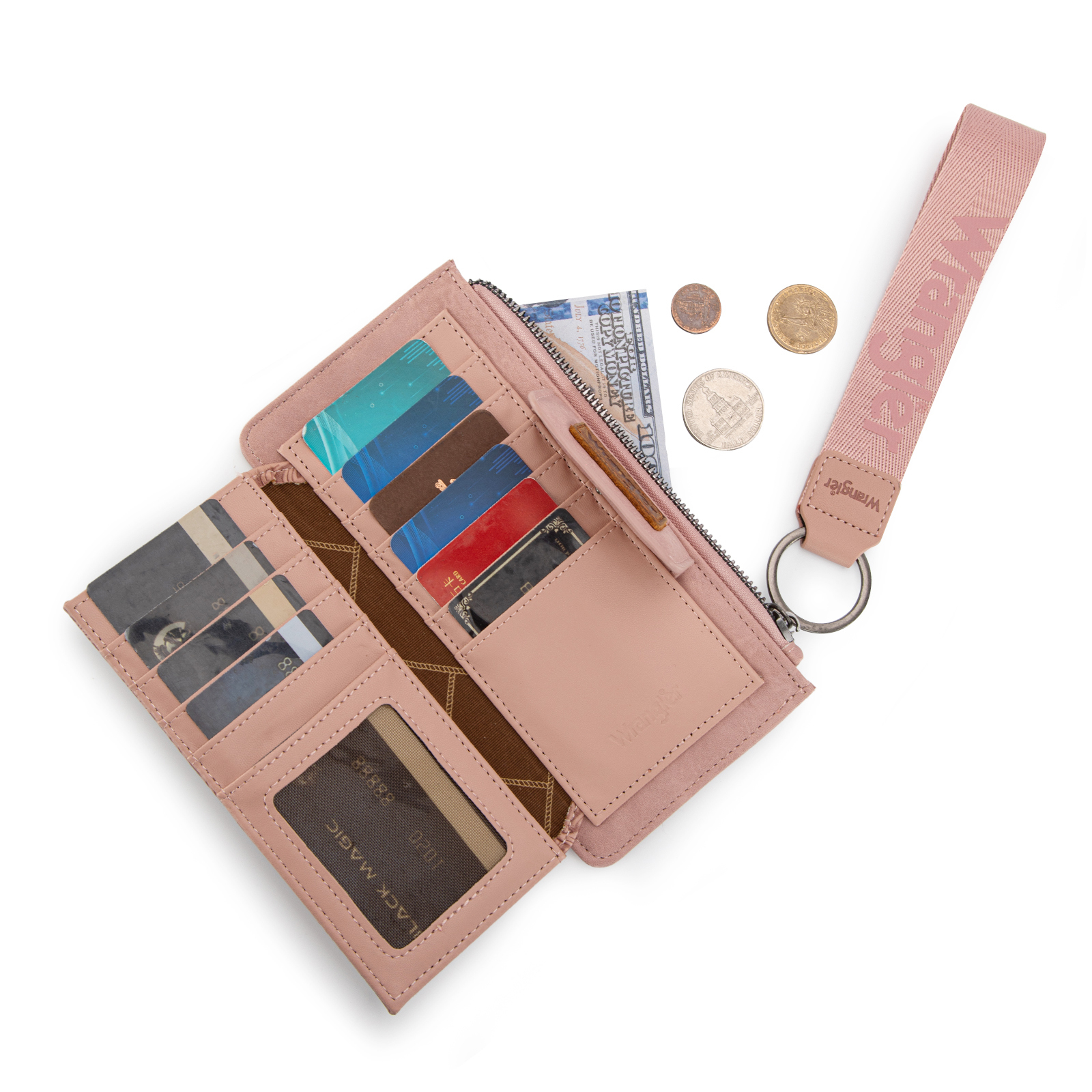 Wrangler Wristlet Wallet for Women RFID Blocking Bifold Wallets Card Cases & Money Organizers Clutch Wallets with Coin Purse, Dark Pink