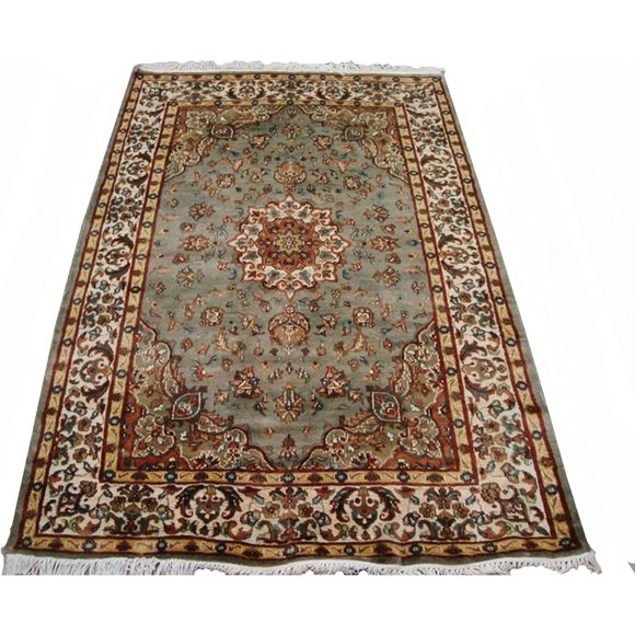 Impressionnant Tapis de Soie de Laine Noué à la Main (6 x 4) à Médaillon Floral Gris Exotique Argent