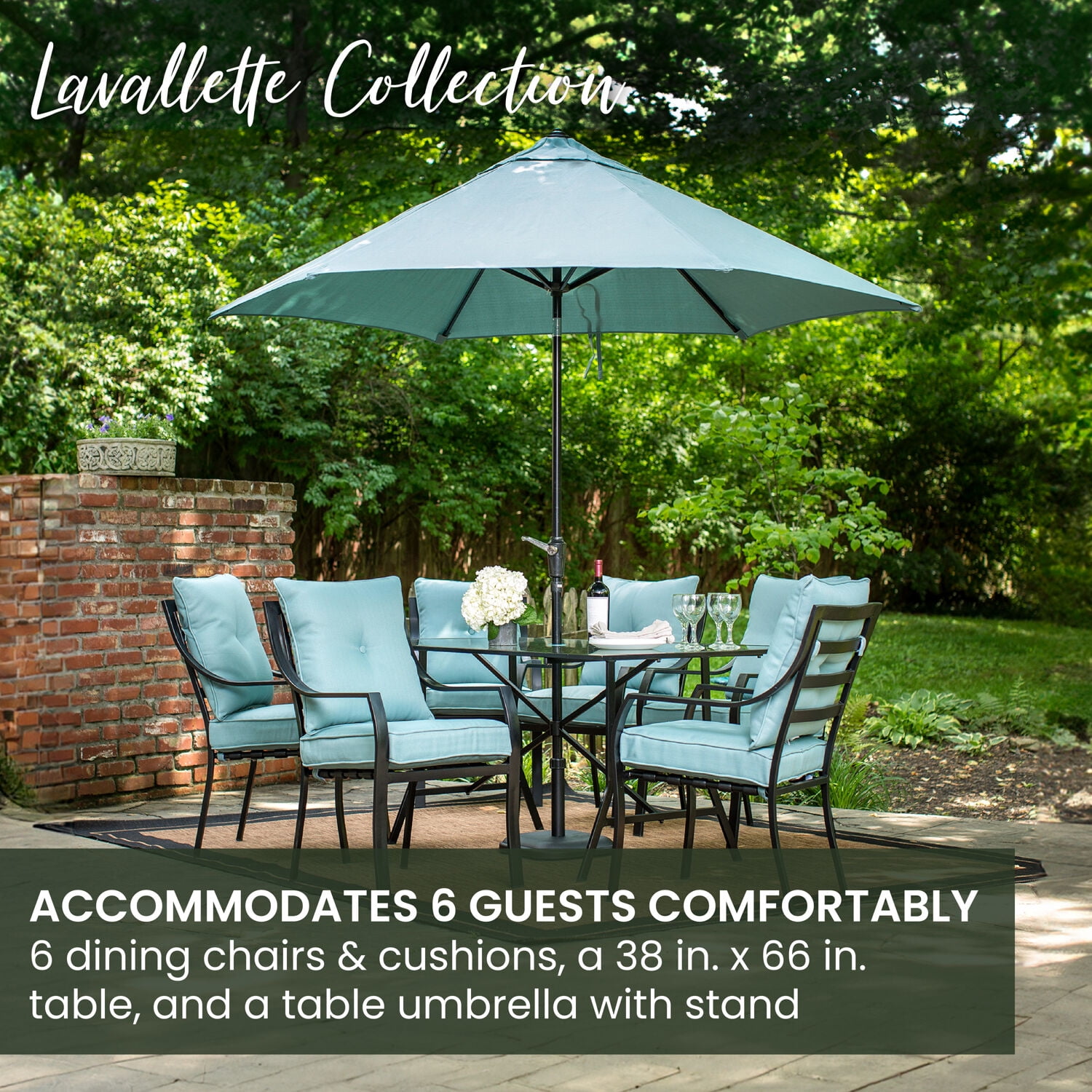 Hanover Lavallette 7 Piece Patio Dining Set with Table Chairs Umbrella in Ocean Blue Walmart