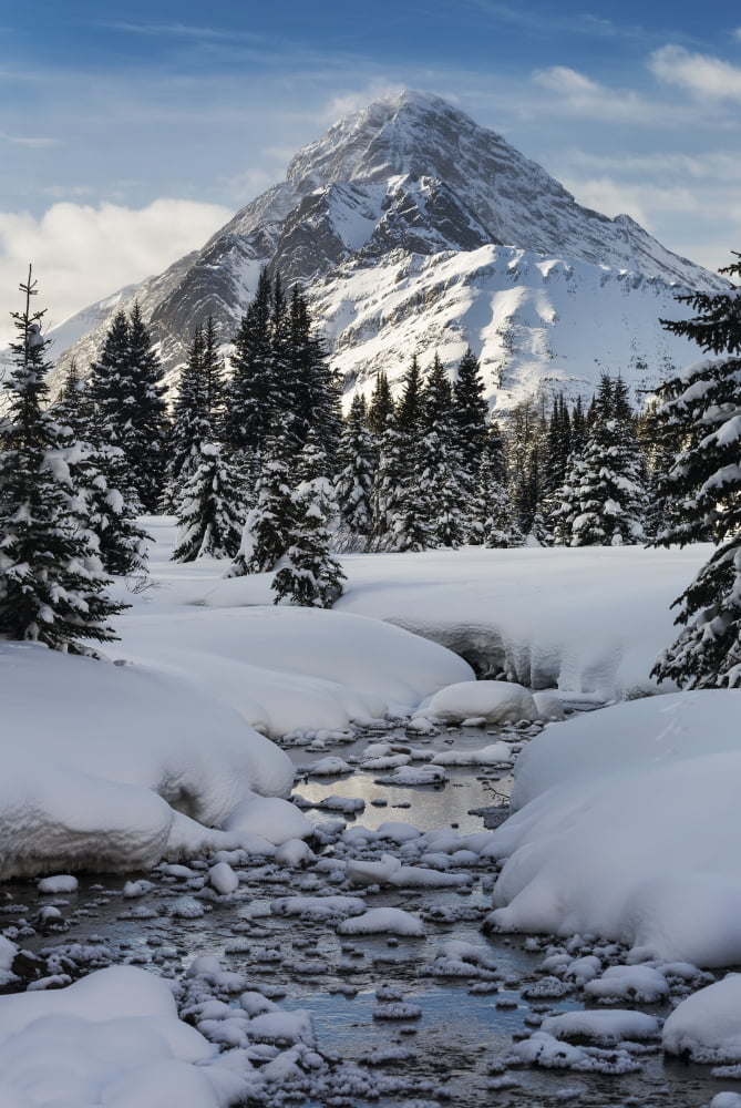 An open creek with snow covered curvy banks filled with snow covered rocks and snow covered trees with snow covered mountain blue sky and clouds in the background Kananaskis Country Alberta Canada Can