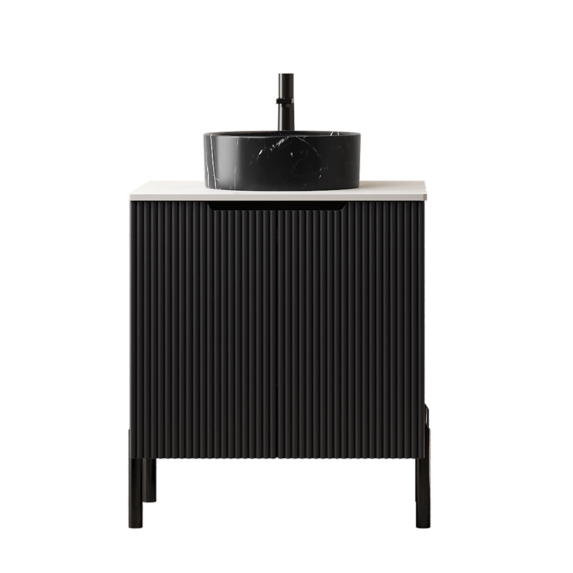 Noble House TURIO 24" Bathroom Vanity with Sintered Stone Countertop, Storage Cabinet, Black Stone Round Basin, Black