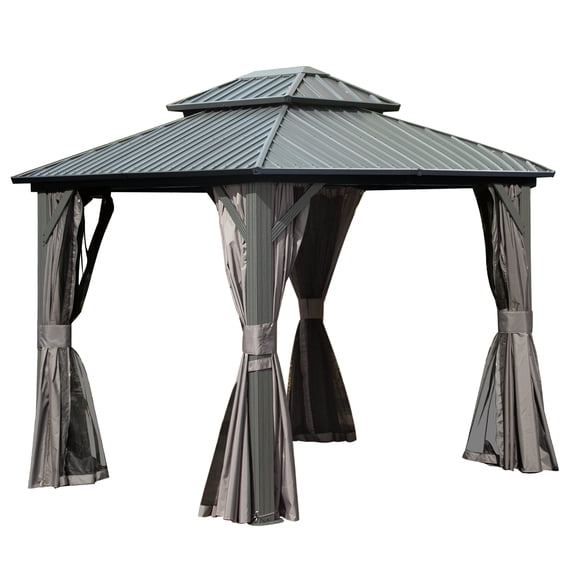 LiviNest 8x10FT Outdoor Gazebo: Permanent Hardtop Gazebo with Double Roof & Curtains for Backyard Patio - All-Weather Aluminum Frame Gazebo with Mosquito Netting for Family Outdoor Dining & Relaxatio