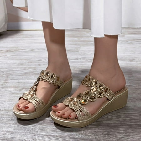 

Christmas Spring And Summer Thick Soled Women Sandals Wedge Heel Rhinestone Slippers Sandals
