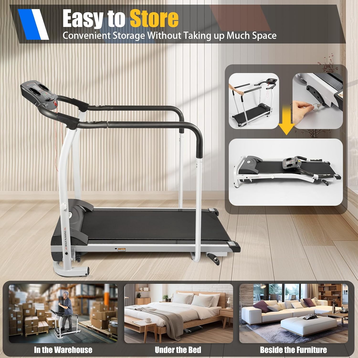 Walking Treadmill for Senior with Long Handrail Foldable Treadmills Holder for Flat & Cup Recovery Fitness Exercise Machine