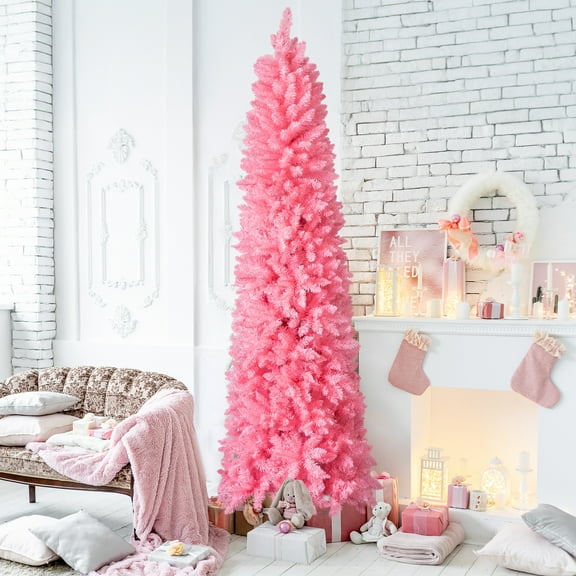 UBesGoo 7.5ft Pink Snow Flocked Christmas Tree, Hinged Pencil Design, Unlit Artificial Pine