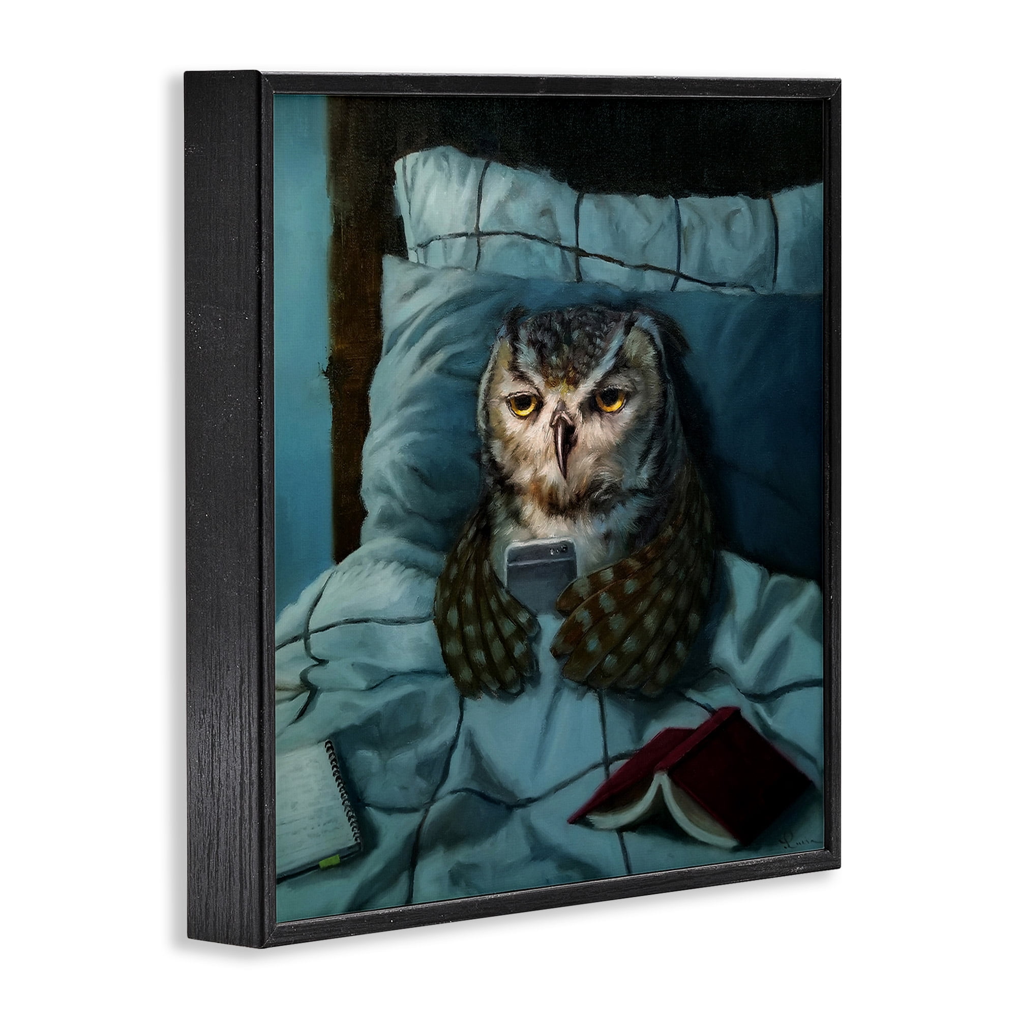 Stupell Industries Night Owl on Phone Animals & Insects Painting Black Framed Art Print Wall Art, 24 x 24