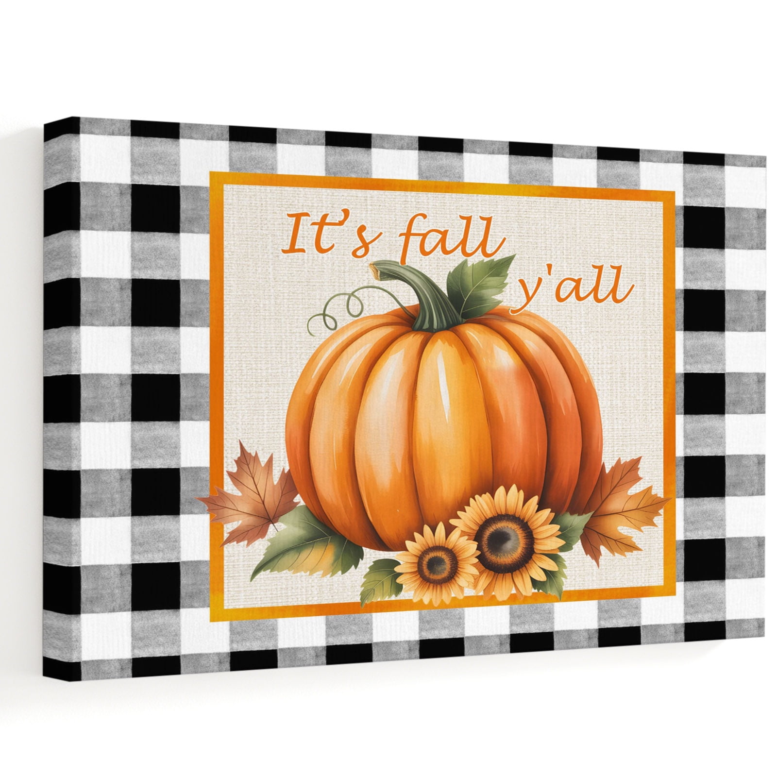 Thanksgiving Orange Pumpkins Canvas Wall Art 14 x11 It s Fall Y all Sunflower Black Plaid Maple LeafFrame Picture Prints Ready to Hang Waterproof Artwork Decor for Bedroom Hallway Gallery Wall