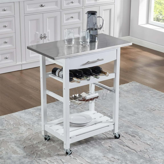 SBYOJLPB Mobile Kitchen Serving Cart with Slide-Out Basket,Rolling Storage Trolley with Drawer and Shelves,Kitchen Island for Home Dining Room Storage and Serving
