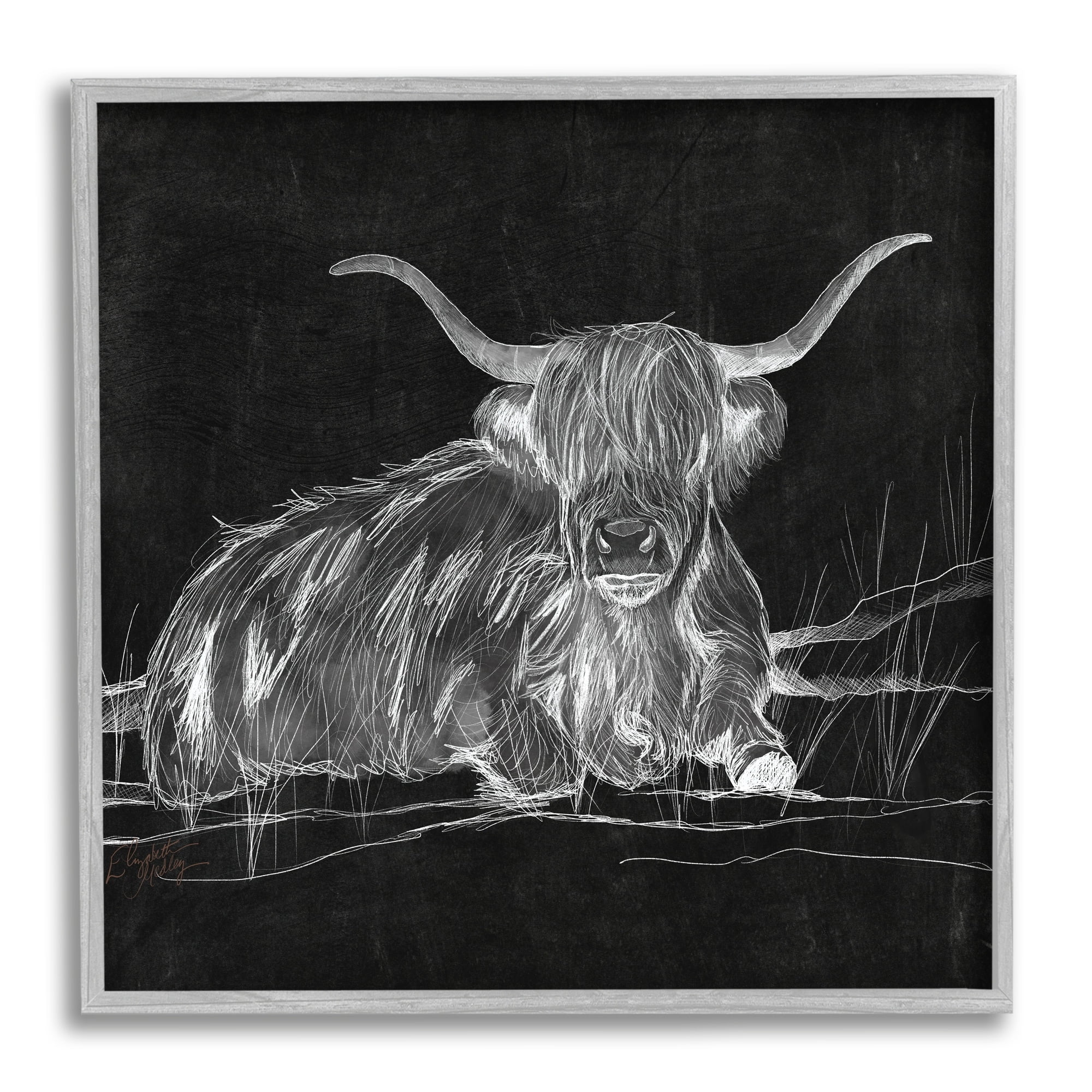 Stupell Industries Contemporary Highland Cattle Laying Negative Drawing Graphic Art Gray Framed Art Print Wall Art, Design by Elizabeth Medley